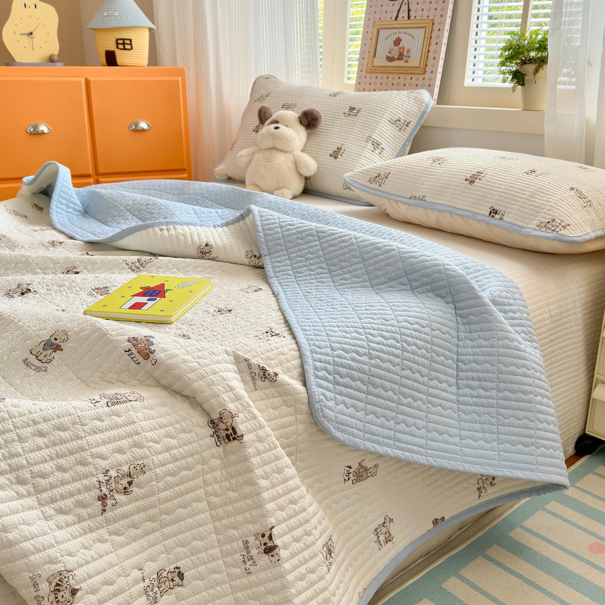 91家纺网 家纺一手货源 找家纺 老帅的工厂店 2026新款三角针泡芙夏被夏被夏凉被空调被床盖四件套 小狗排队