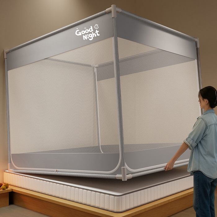 91家纺网 家纺一手货源 找家纺 壹和 2026新款坐床蚊帐外穿杆全底-有收纳袋-防摔蚊帐-自连接烤漆支架 灰-字母