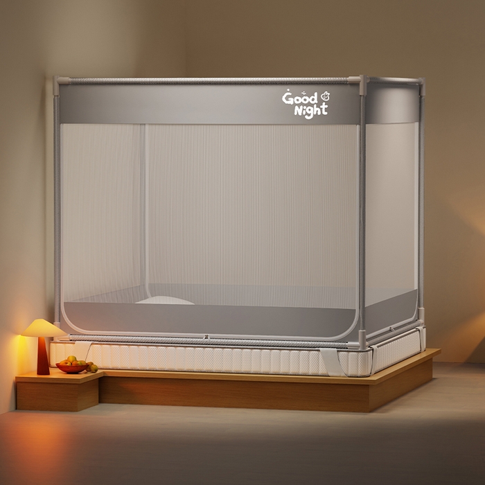 91家纺网 家纺一手货源 找家纺 壹和 2026新款坐床蚊帐外穿杆全底-有收纳袋-防摔蚊帐-自连接烤漆支架 灰-字母