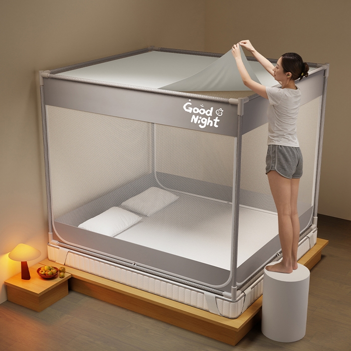 91家纺网 家纺一手货源 找家纺 壹和 2026新款坐床蚊帐外穿杆全底-有收纳袋-防摔蚊帐-自连接烤漆支架 灰-字母