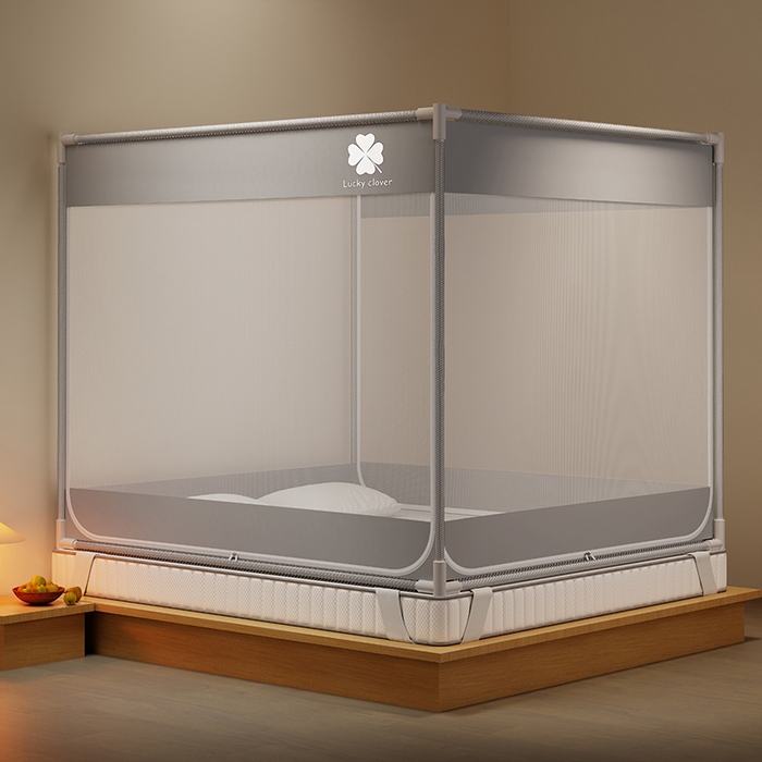 壹和 2026新款坐床蚊帐外穿杆全底-有收纳袋-防摔蚊帐-自连接烤漆支架 灰色-四叶草