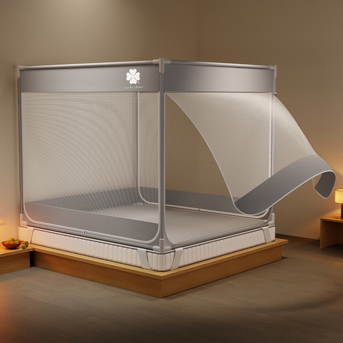 91家纺网 家纺一手货源 找家纺 壹和 2026新款坐床蚊帐外穿杆全底-有收纳袋-防摔蚊帐-自连接烤漆支架 灰色-四叶草