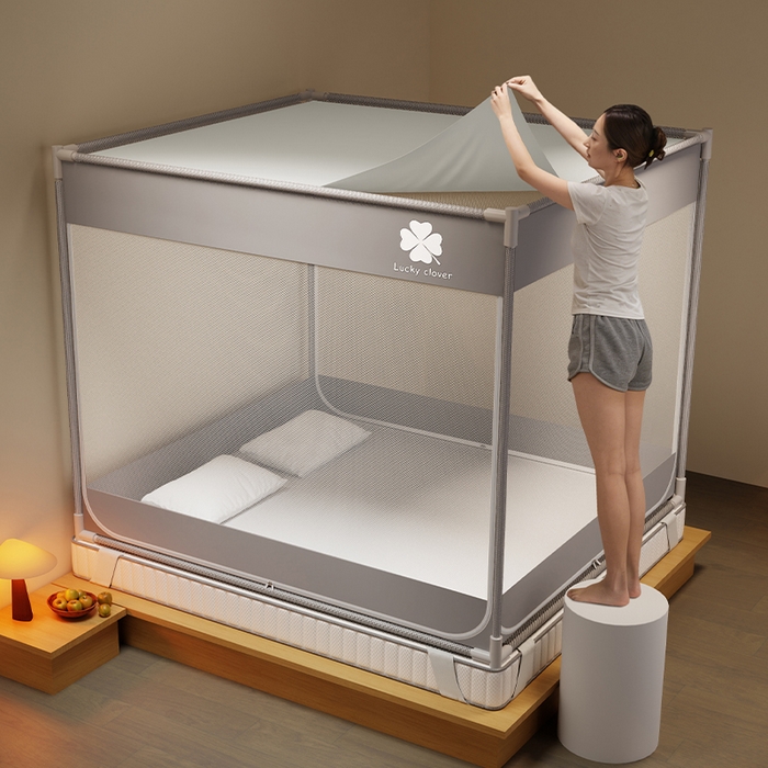 91家纺网 家纺一手货源 找家纺 壹和 2026新款坐床蚊帐外穿杆全底-有收纳袋-防摔蚊帐-自连接烤漆支架 灰色-四叶草