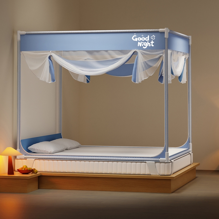 91家纺网 家纺一手货源 找家纺 壹和 2026新款坐床蚊帐外穿杆全底-有收纳袋-防摔蚊帐-自连接烤漆支架 蓝-字母