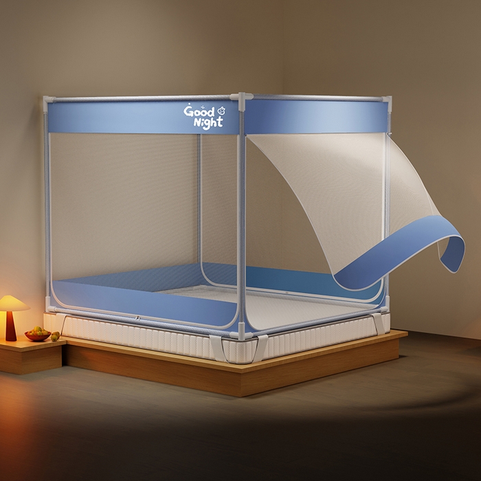 91家纺网 家纺一手货源 找家纺 壹和 2026新款坐床蚊帐外穿杆全底-有收纳袋-防摔蚊帐-自连接烤漆支架 蓝-字母