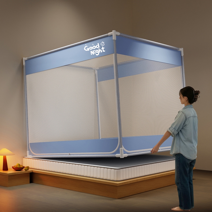 91家纺网 家纺一手货源 找家纺 壹和 2026新款坐床蚊帐外穿杆全底-有收纳袋-防摔蚊帐-自连接烤漆支架 蓝-字母