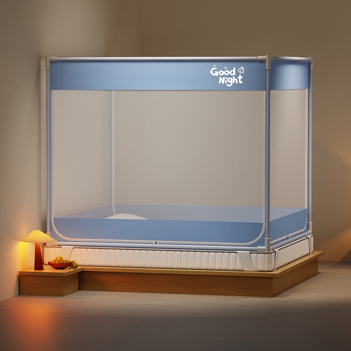 91家纺网 家纺一手货源 找家纺 壹和 2026新款坐床蚊帐外穿杆全底-有收纳袋-防摔蚊帐-自连接烤漆支架 蓝-字母