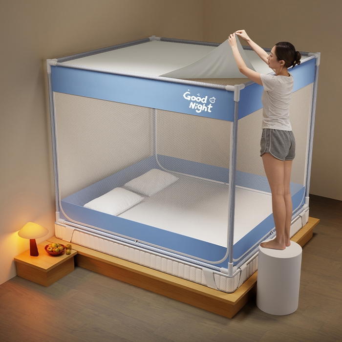 91家纺网 家纺一手货源 找家纺 壹和 2026新款坐床蚊帐外穿杆全底-有收纳袋-防摔蚊帐-自连接烤漆支架 蓝-字母