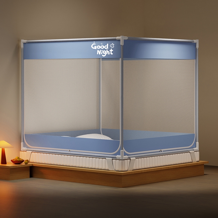 91家纺网 家纺一手货源 找家纺 壹和 2026新款坐床蚊帐外穿杆全底-有收纳袋-防摔蚊帐-自连接烤漆支架 蓝-字母