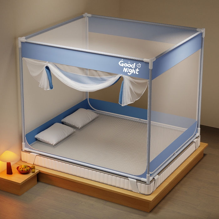 91家纺网 家纺一手货源 找家纺 壹和 2026新款坐床蚊帐外穿杆全底-有收纳袋-防摔蚊帐-自连接烤漆支架 蓝-字母