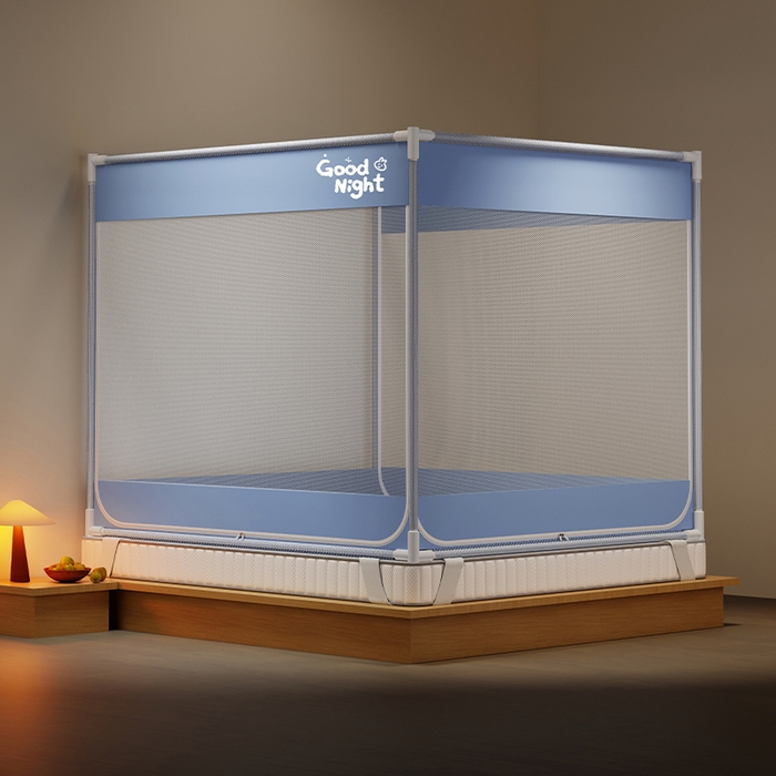 91家纺网 家纺一手货源 找家纺 壹和 2026新款坐床蚊帐外穿杆全底-有收纳袋-防摔蚊帐-自连接烤漆支架 蓝-字母