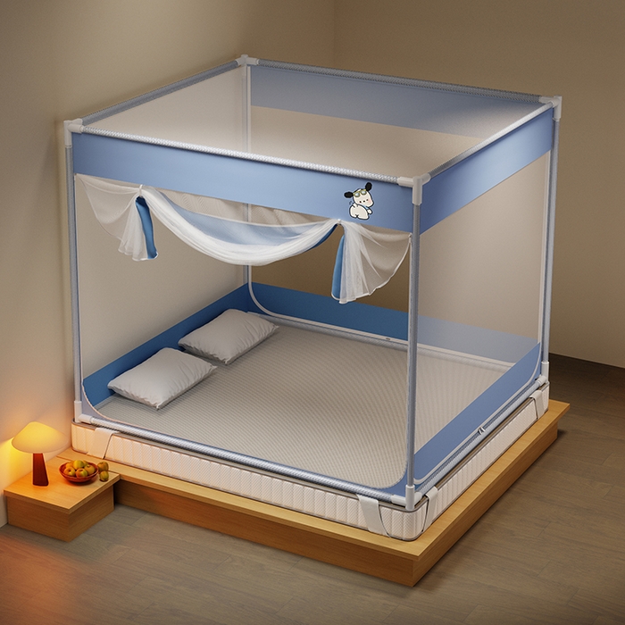 91家纺网 家纺一手货源 找家纺 壹和 2026新款坐床蚊帐外穿杆全底-有收纳袋-防摔蚊帐-自连接烤漆支架 蓝色-帕恰狗