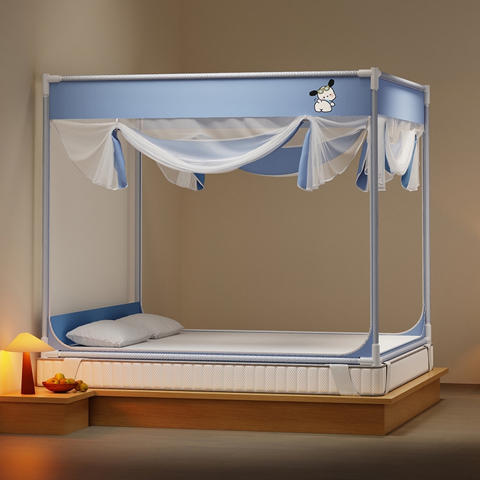 91家纺网 家纺一手货源 找家纺 壹和 2026新款坐床蚊帐外穿杆全底-有收纳袋-防摔蚊帐-自连接烤漆支架 蓝色-帕恰狗