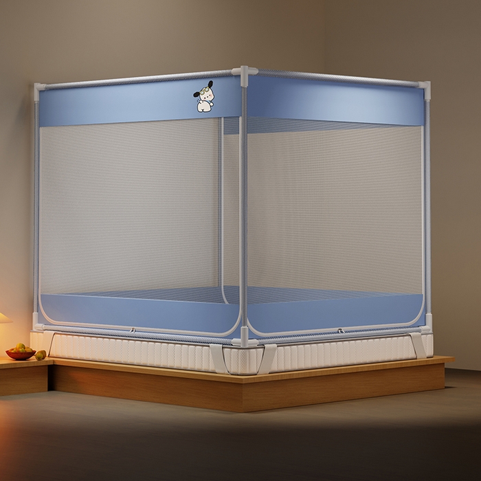 91家纺网 家纺一手货源 找家纺 壹和 2026新款坐床蚊帐外穿杆全底-有收纳袋-防摔蚊帐-自连接烤漆支架 蓝色-帕恰狗