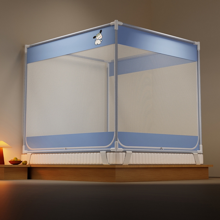 91家纺网 家纺一手货源 找家纺 壹和 2026新款坐床蚊帐外穿杆全底-有收纳袋-防摔蚊帐-自连接烤漆支架 蓝色-帕恰狗