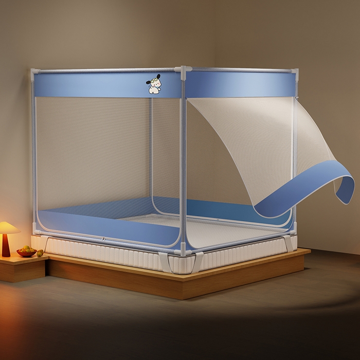 91家纺网 家纺一手货源 找家纺 壹和 2026新款坐床蚊帐外穿杆全底-有收纳袋-防摔蚊帐-自连接烤漆支架 蓝色-帕恰狗
