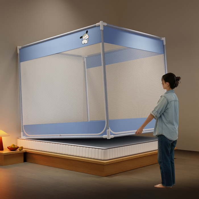 91家纺网 家纺一手货源 找家纺 壹和 2026新款坐床蚊帐外穿杆全底-有收纳袋-防摔蚊帐-自连接烤漆支架 蓝色-帕恰狗