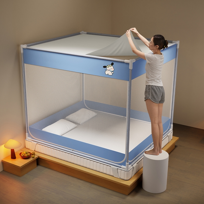 91家纺网 家纺一手货源 找家纺 壹和 2026新款坐床蚊帐外穿杆全底-有收纳袋-防摔蚊帐-自连接烤漆支架 蓝色-帕恰狗