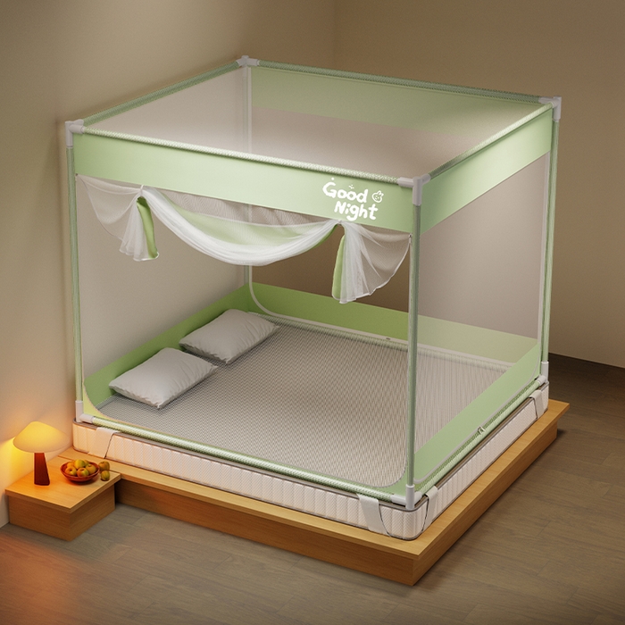 91家纺网 家纺一手货源 找家纺 壹和 2026新款坐床蚊帐外穿杆全底-有收纳袋-防摔蚊帐-自连接烤漆支架 绿-字母