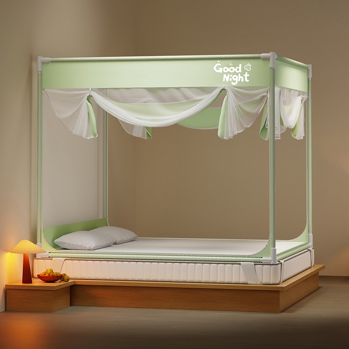 91家纺网 家纺一手货源 找家纺 壹和 2026新款坐床蚊帐外穿杆全底-有收纳袋-防摔蚊帐-自连接烤漆支架 绿-字母