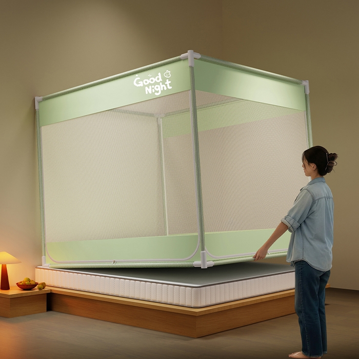 91家纺网 家纺一手货源 找家纺 壹和 2026新款坐床蚊帐外穿杆全底-有收纳袋-防摔蚊帐-自连接烤漆支架 绿-字母