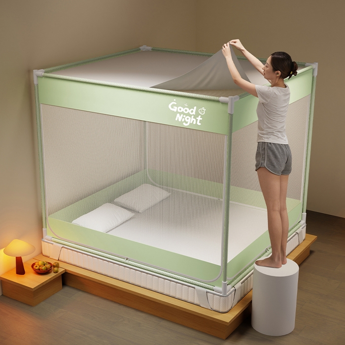 91家纺网 家纺一手货源 找家纺 壹和 2026新款坐床蚊帐外穿杆全底-有收纳袋-防摔蚊帐-自连接烤漆支架 绿-字母