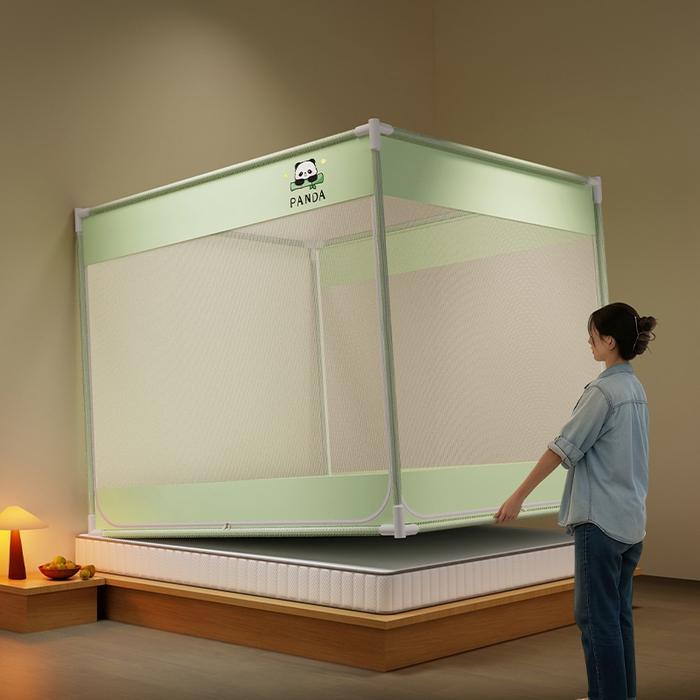 91家纺网 家纺一手货源 找家纺 壹和 2026新款坐床蚊帐外穿杆全底-有收纳袋-防摔蚊帐-自连接烤漆支架 绿色-熊猫