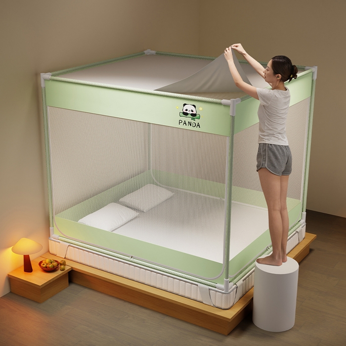 91家纺网 家纺一手货源 找家纺 壹和 2026新款坐床蚊帐外穿杆全底-有收纳袋-防摔蚊帐-自连接烤漆支架 绿色-熊猫