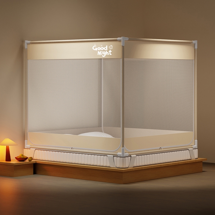 壹和 2026新款坐床蚊帐外穿杆全底-有收纳袋-防摔蚊帐-自连接烤漆支架 米-字母