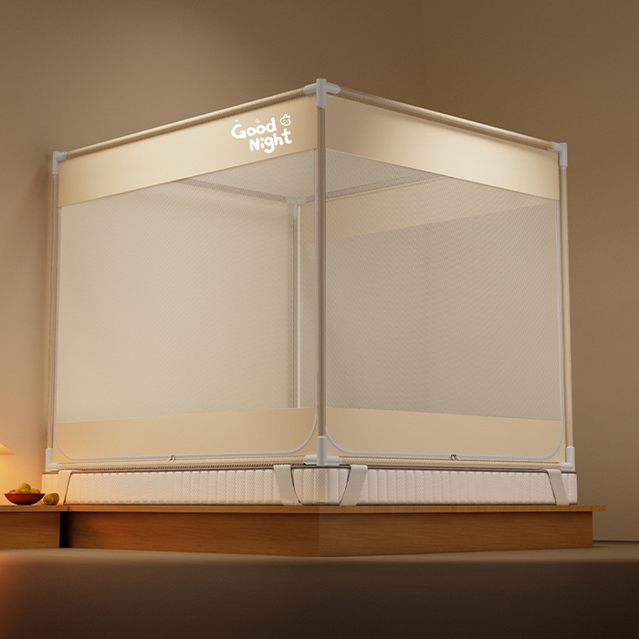 91家纺网 家纺一手货源 找家纺 壹和 2026新款坐床蚊帐外穿杆全底-有收纳袋-防摔蚊帐-自连接烤漆支架 米-字母