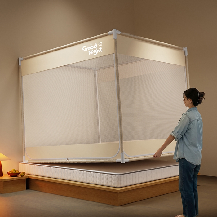 91家纺网 家纺一手货源 找家纺 壹和 2026新款坐床蚊帐外穿杆全底-有收纳袋-防摔蚊帐-自连接烤漆支架 米-字母