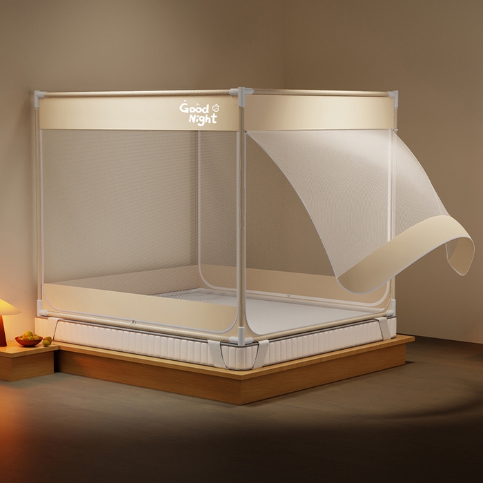 91家纺网 家纺一手货源 找家纺 壹和 2026新款坐床蚊帐外穿杆全底-有收纳袋-防摔蚊帐-自连接烤漆支架 米-字母