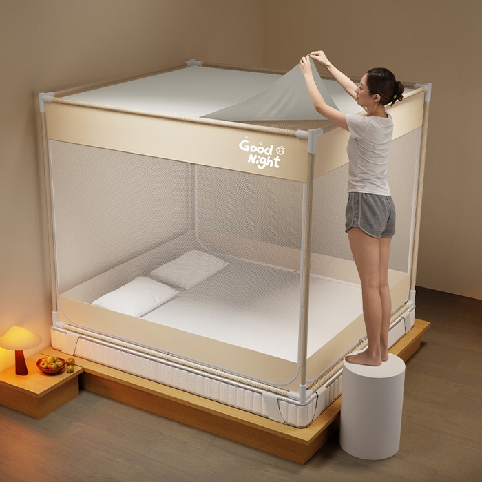 91家纺网 家纺一手货源 找家纺 壹和 2026新款坐床蚊帐外穿杆全底-有收纳袋-防摔蚊帐-自连接烤漆支架 米-字母