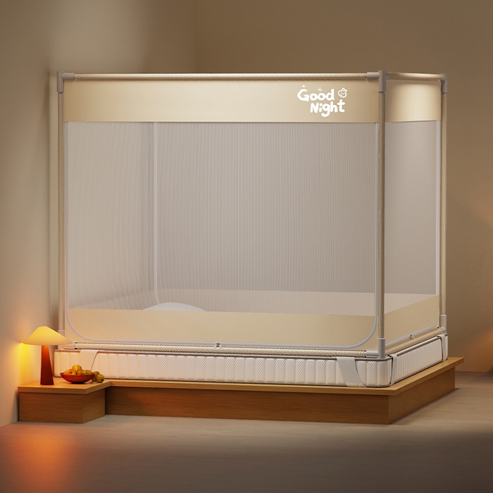 91家纺网 家纺一手货源 找家纺 壹和 2026新款坐床蚊帐外穿杆全底-有收纳袋-防摔蚊帐-自连接烤漆支架 米-字母