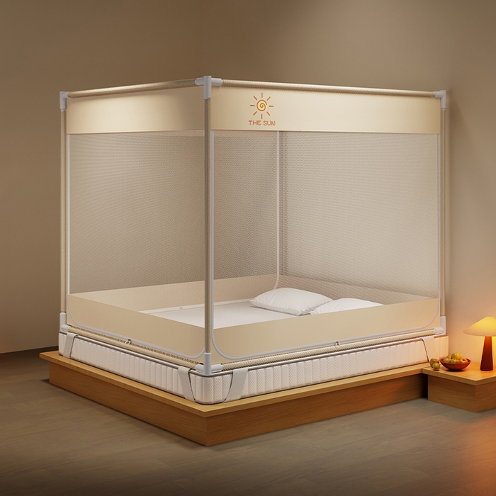 壹和 2026新款坐床蚊帐外穿杆全底-有收纳袋-防摔蚊帐-自连接烤漆支架 米色-太阳