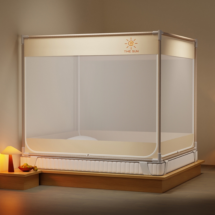 91家纺网 家纺一手货源 找家纺 壹和 2026新款坐床蚊帐外穿杆全底-有收纳袋-防摔蚊帐-自连接烤漆支架 米色-太阳