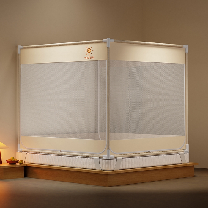 91家纺网 家纺一手货源 找家纺 壹和 2026新款坐床蚊帐外穿杆全底-有收纳袋-防摔蚊帐-自连接烤漆支架 米色-太阳