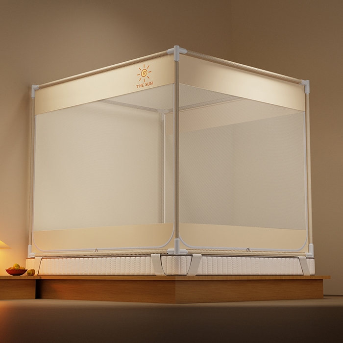 91家纺网 家纺一手货源 找家纺 壹和 2026新款坐床蚊帐外穿杆全底-有收纳袋-防摔蚊帐-自连接烤漆支架 米色-太阳