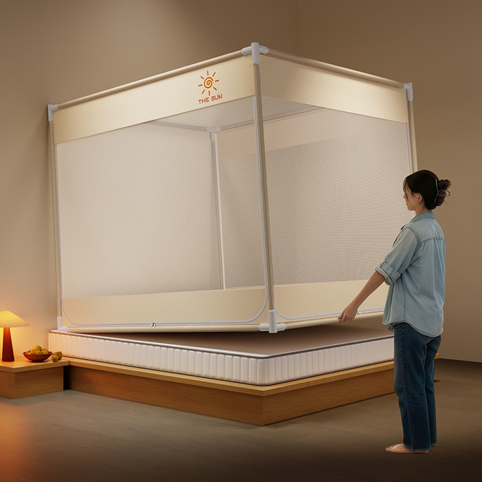 91家纺网 家纺一手货源 找家纺 壹和 2026新款坐床蚊帐外穿杆全底-有收纳袋-防摔蚊帐-自连接烤漆支架 米色-太阳