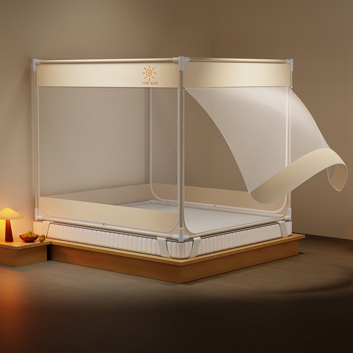 91家纺网 家纺一手货源 找家纺 壹和 2026新款坐床蚊帐外穿杆全底-有收纳袋-防摔蚊帐-自连接烤漆支架 米色-太阳