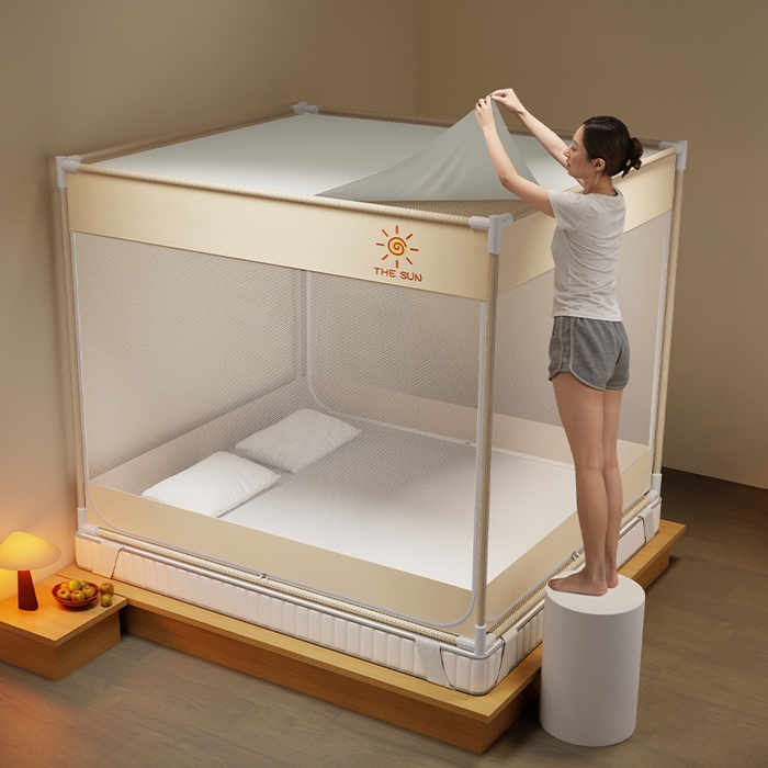 91家纺网 家纺一手货源 找家纺 壹和 2026新款坐床蚊帐外穿杆全底-有收纳袋-防摔蚊帐-自连接烤漆支架 米色-太阳