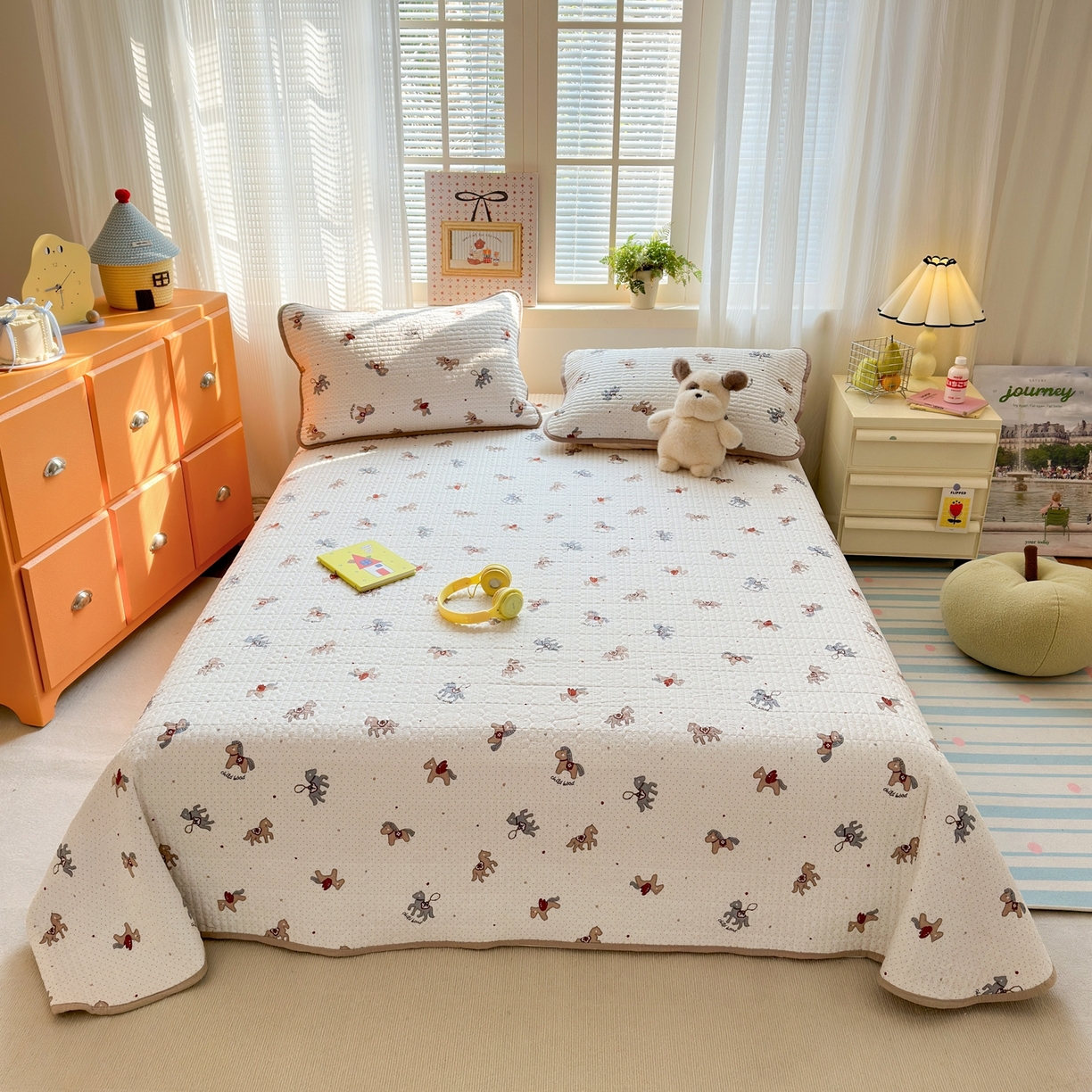 91家纺网 家纺一手货源 找家纺 老帅的工厂店 2026新款三角针泡芙夏被床盖四件套 波点木马