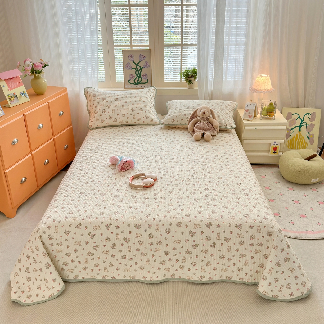 91家纺网 家纺一手货源 找家纺 老帅的工厂店 2026新款三角针泡芙夏被床盖四件套 碎花兔