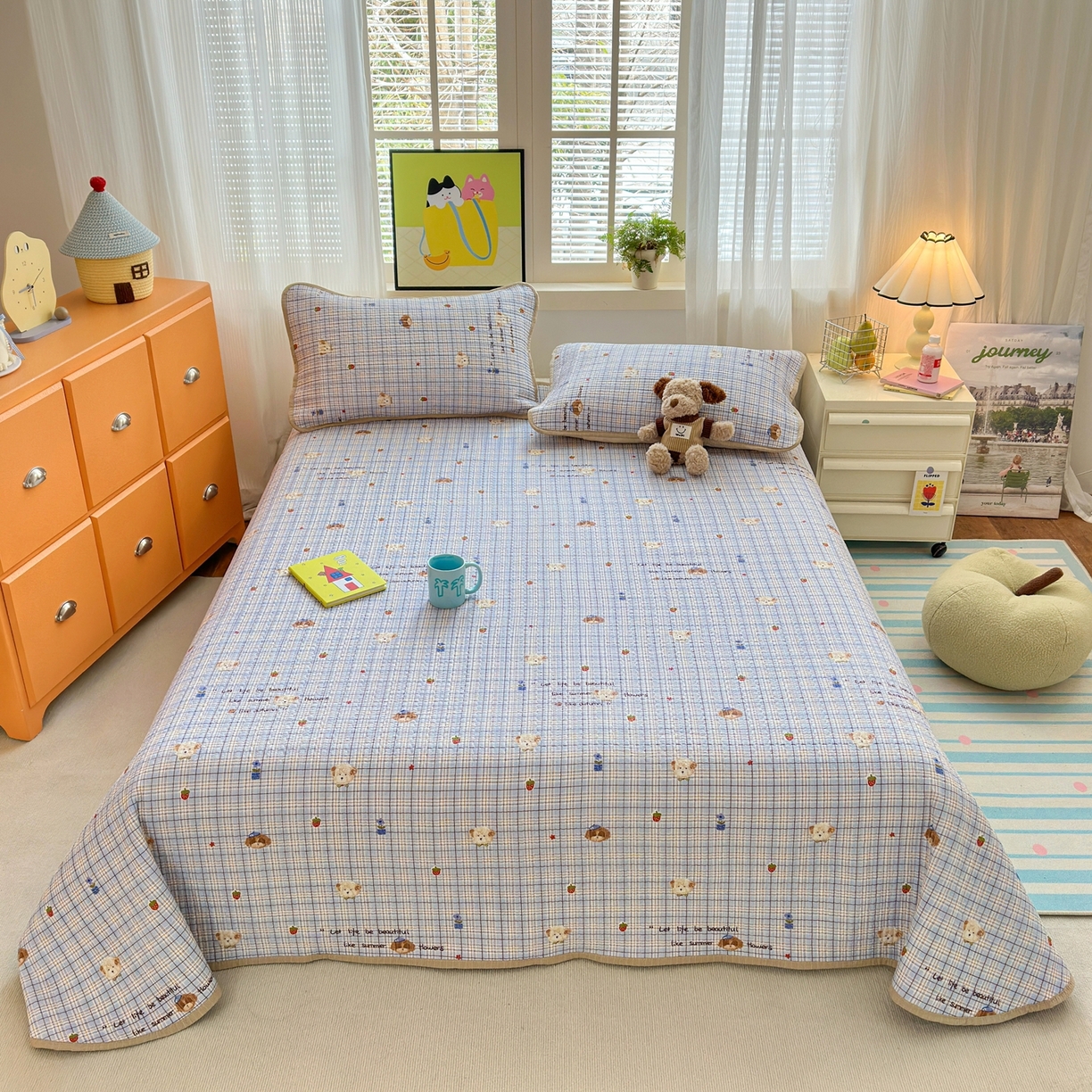 老帅的工厂店 2026新款三角针泡芙夏被床盖四件套 蓝格栗