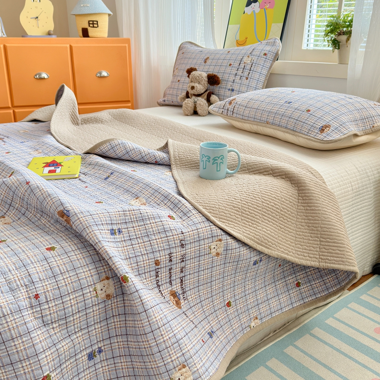 91家纺网 家纺一手货源 找家纺 老帅的工厂店 2026新款三角针泡芙夏被床盖四件套 蓝格栗