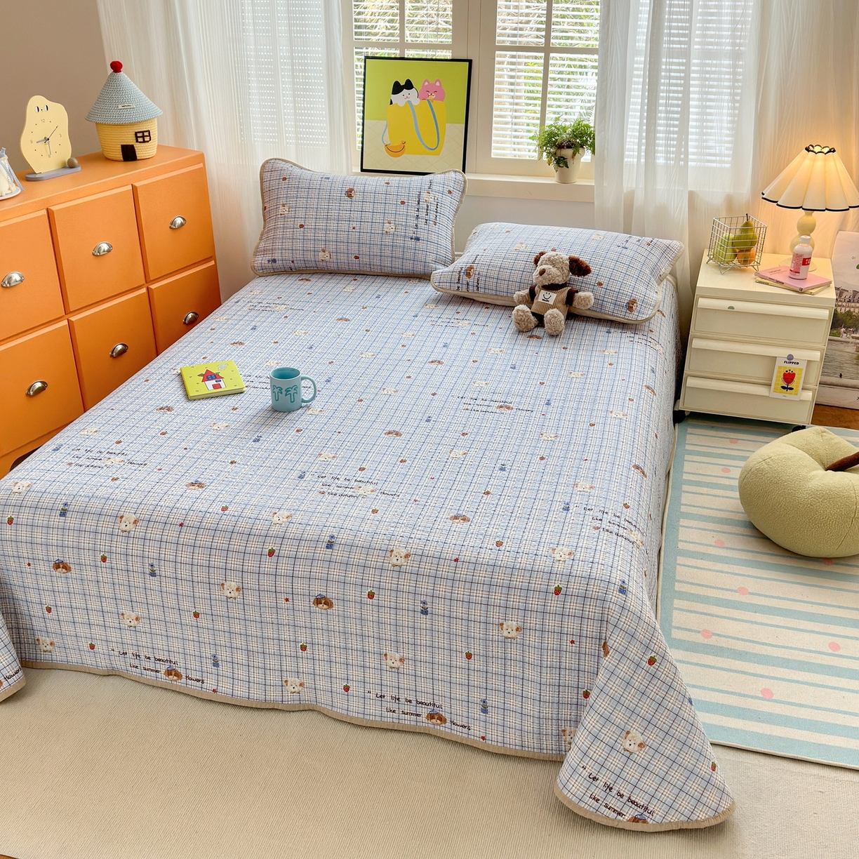 91家纺网 家纺一手货源 找家纺 老帅的工厂店 2026新款三角针泡芙夏被床盖四件套 蓝格栗