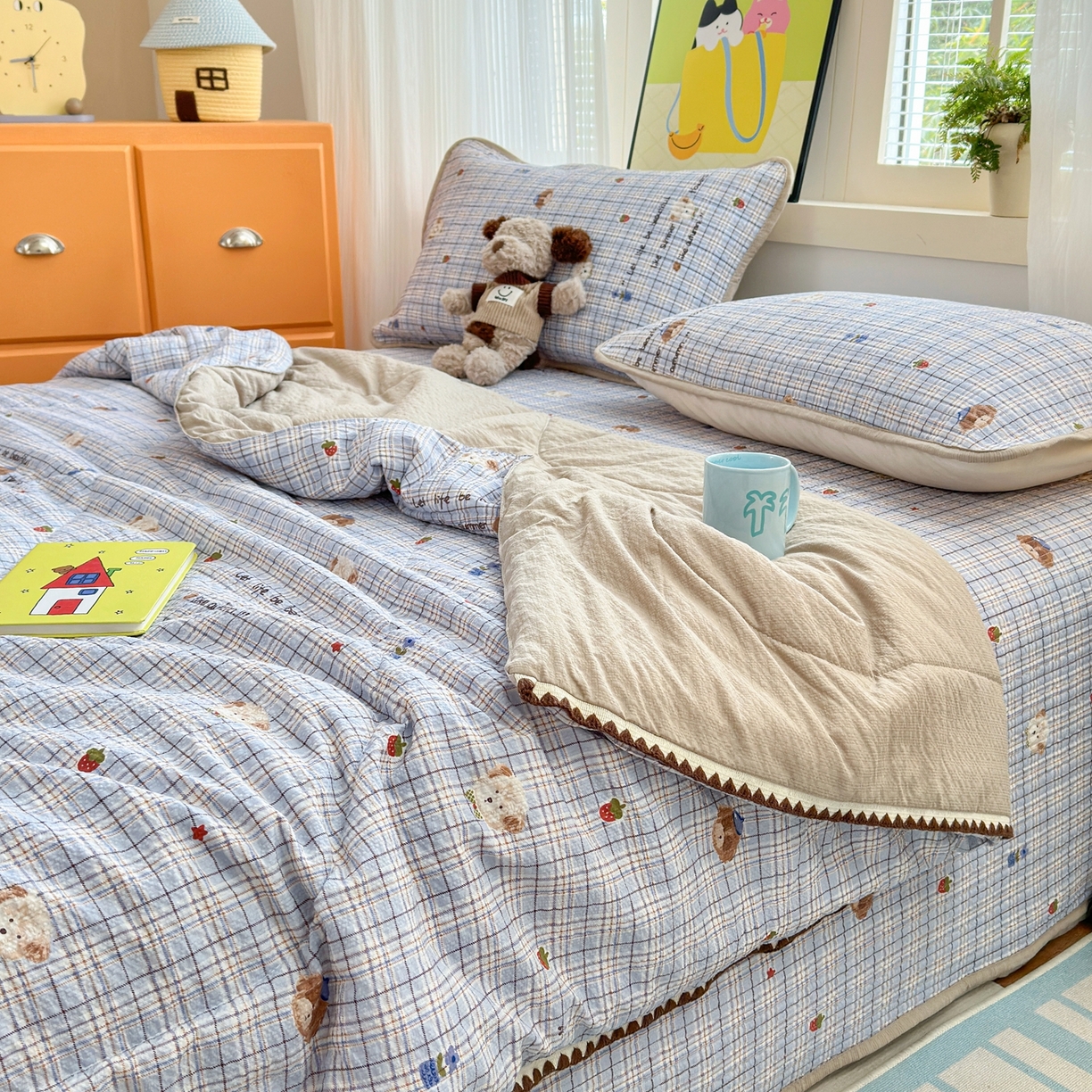 91家纺网 家纺一手货源 找家纺 老帅的工厂店 2026新款三角针泡芙夏被床盖四件套 蓝格栗