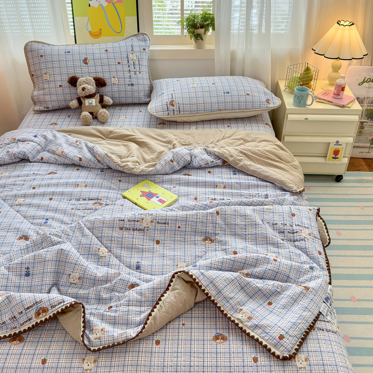 91家纺网 家纺一手货源 找家纺 老帅的工厂店 2026新款三角针泡芙夏被床盖四件套 蓝格栗