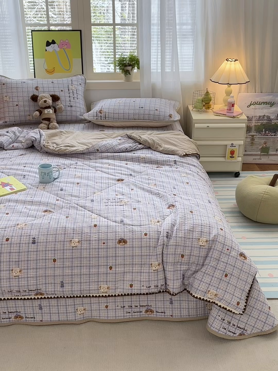 91家纺网 家纺一手货源 找家纺 老帅的工厂店 2026新款三角针泡芙夏被床盖四件套 蓝格栗