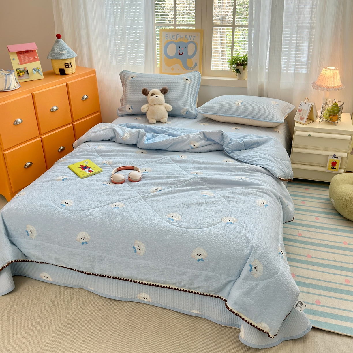 91家纺网 家纺一手货源 找家纺 老帅的工厂店 2026新款三角针泡芙夏被床盖四件套 蓝蓝狗